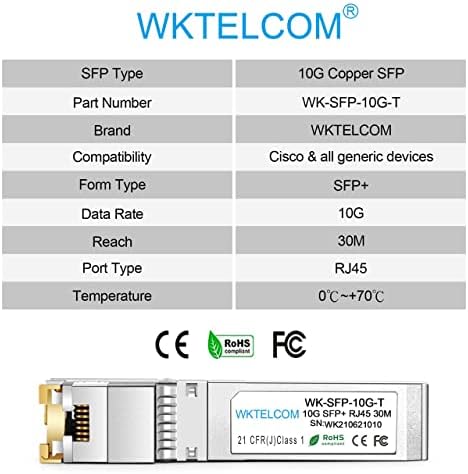 WKTELCOM a 10GBase-T Réz RJ45 10G SFP+ Modul Adóvevővel CAT6/7A, akár 30 Méter,Kompatibilis Cisco SFP-10G-T, Ubiquiti UF-RJ45-10G,Broadcom,Netgear,