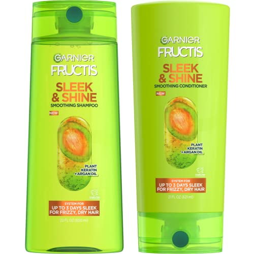 Garnier Fructis Sleek & Shine Shampoo (22 Fl Oz) + Kondicionáló (21 Fl Oz) Állítsa be a Göndör, Száraz Haj, Növény Keratin