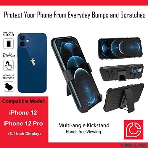 Ohiya Esetben Kompatibilis az iPhone 12 [Katonai szintű Védelem, Ütésálló, nagy teherbírású Állvány Védő Tok Fekete burkolata]