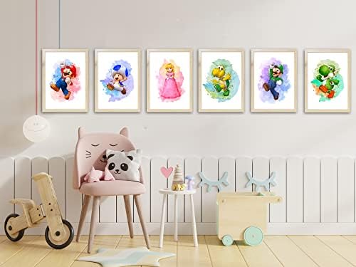 Gwency Design Super Mario Játék Akvarell Plakátok - Készlet 6 ( 8 inch x 10 inch ) - Super Mario Wall Art Játék Room Decor
