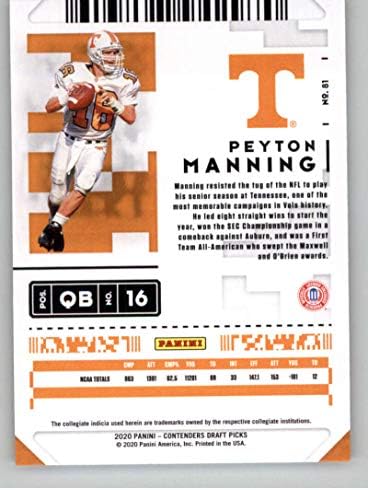 2020 Panini Versenyző-Tervezet Bérlet 81 Peyton Manning Tennessee Önkéntesek Labdarúgó-Trading Card