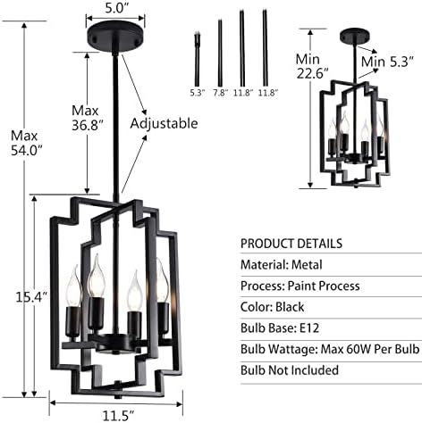 Lanhall Parasztház Csillár Lámpatest 4 Fény Modern Fekete Medál Világítás Állítható Magasság Fém E12 Bázis Rusztikus Lógó