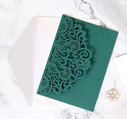 wishforyou 7 x 4.9 Sötét Zöld Lézerrel Vágott Esküvői Meghívók Zsebbel Üdvözlő Üzleti Kártyák (Zöld Zseb, 100-as)
