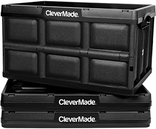 CleverMade 32L Összecsukható Tárolók - Összecsukható Műanyag Rakható Utility Láda, Szilárd Fal, Nincs Fedél, 3 darabos, Fekete