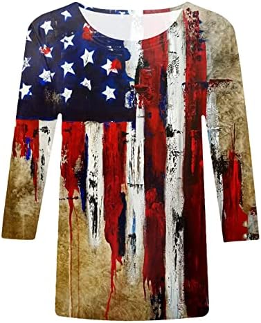 Július 4-Ingek, Női USA Zászló Nyári 3/4-Es Ujjú Sleeve Tshirt háromnegyedes Ujjú Ünnepi Alkalmi Blúz Felső