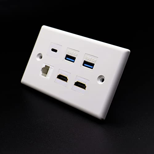 AWAUO USB-C Fali csatlakozó Fehér, Falra Szerelhető 2 USB3.0+2 HDMI2.0 +1 Cat6 Ethernet+1 USB C Típusú Port, USB Töltő-Kompatibilis
