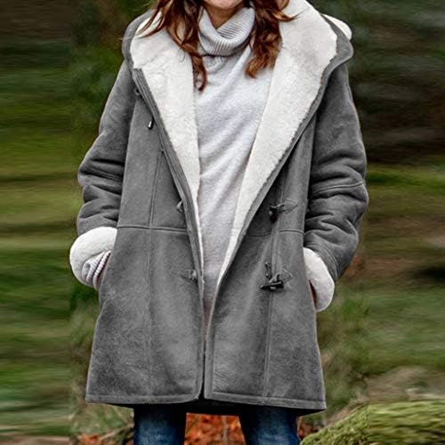 NDVYXX Születésnapi Ajándékok Női Divat Kürt Gomb Gyapjú Sűrűsödik Kabát, kapucnis Téli Meleg Kabát Zsebébe Plus Size