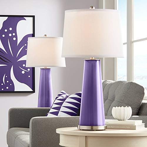 Szín + Plusz Leo Modern asztali Lámpa 29 1/2 Magas Készlet 2 Purple Haze Üveg Kúpos Oszlop Sima Fehér Dob Árnyékban Decor