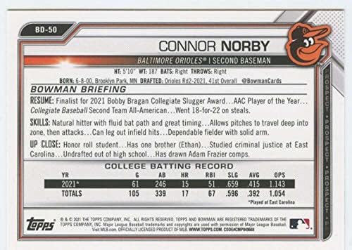 2021 Bowman Tervezet BD-50 Connor Norby RC Kezdő Baltimore Orioles MLB Baseball Trading Card